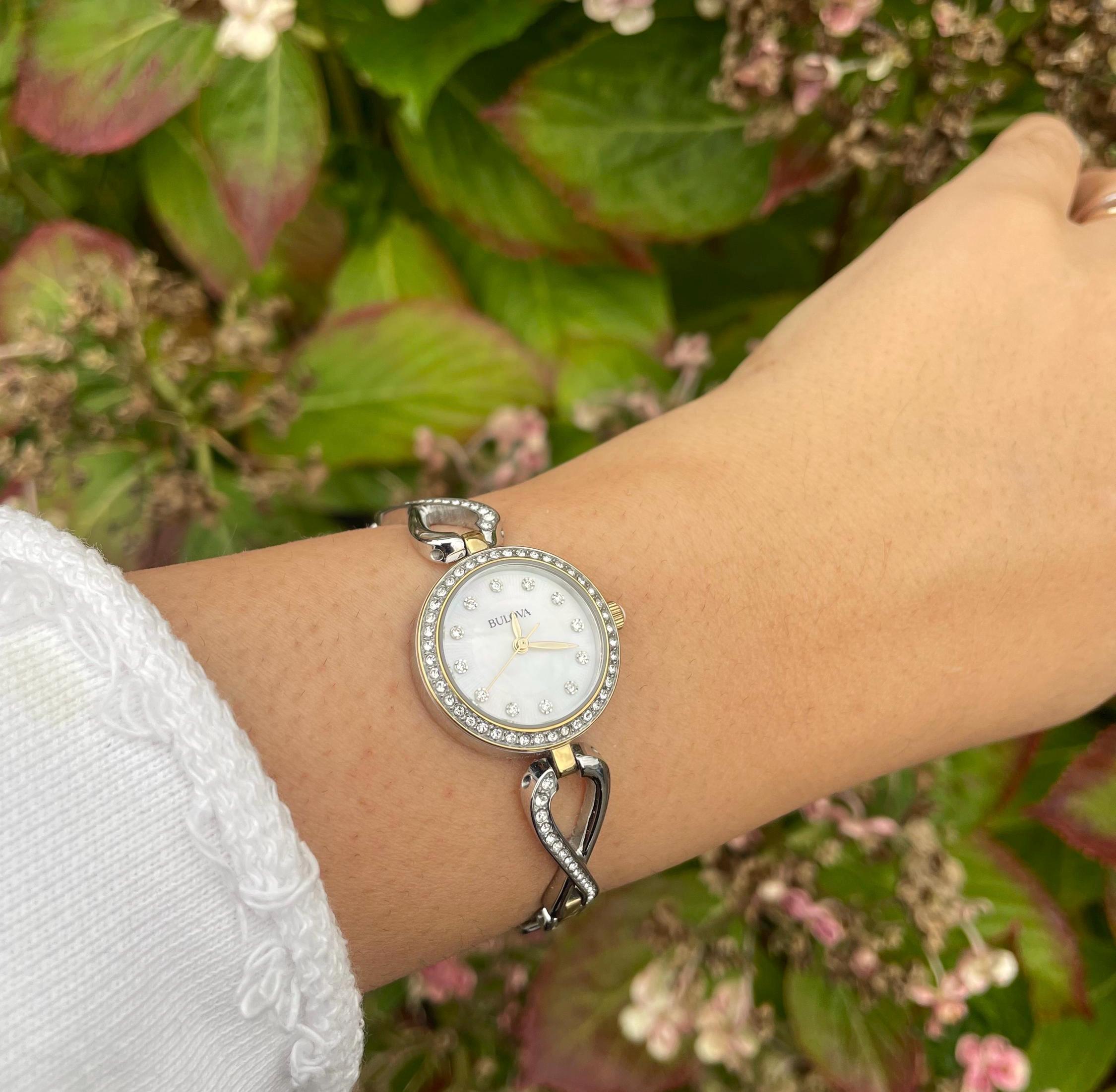 Vintage Watch 90s Y2K Armstrong Crystal Bezel Mother Of Pearl Black Leather Band Peugeot women main image 3