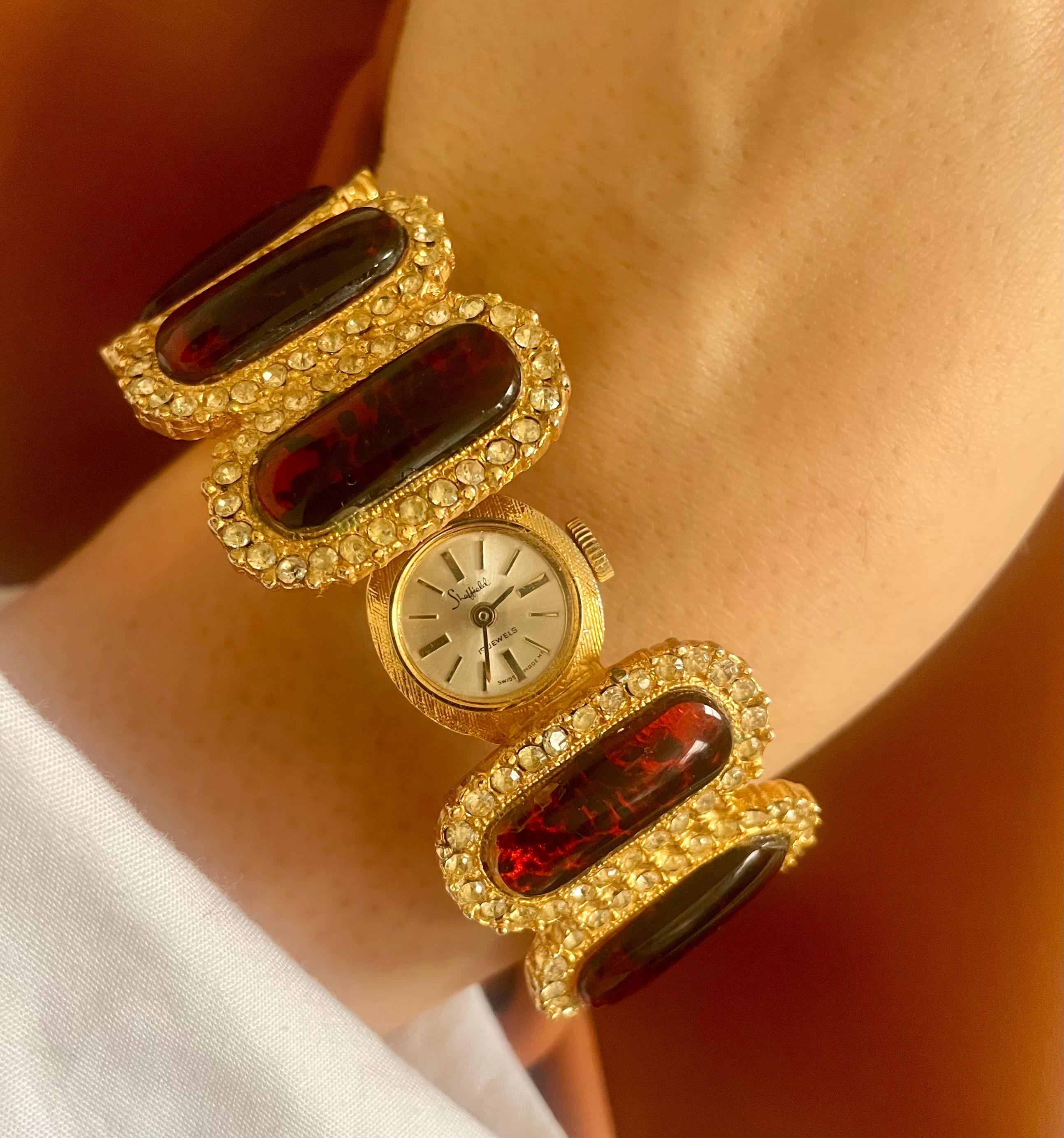 Andre Mouche ブレスレットウォッチ ゴールド エナメル フローラル Swiss Made ANDRE MOUCHE Bangle Wrist Watch, Edelweiss Design with