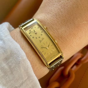 Rare Unique 1970s Dual Time Gold Plated Tank Style Swiss Quartz Ladies Cocktail Stainless Steel Link Bracelet Strap Watch by Jean D’eve
