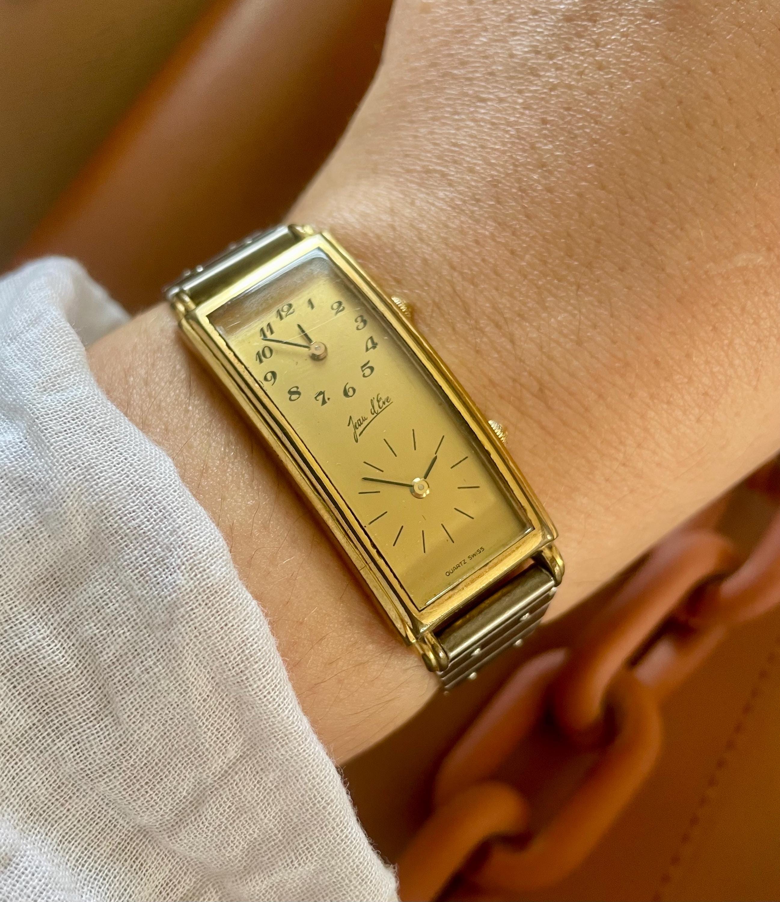 Rare Unique 1970s Dual Time Gold Plated Tank Style Swiss Quartz
