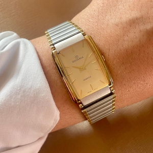 Rare Vintage 90s Silver Gold Tone Unisex Women’s Tank Style Rectangular Dial Swiss Quartz Movement Bracelet Link Strap watch by Rodania