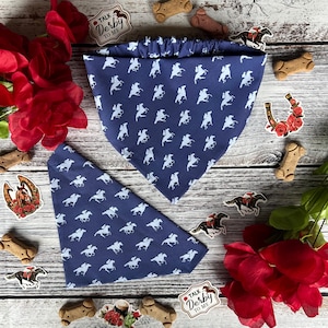 Derby Racehorses Dog Bandana: Navy Over the Collar & Scrunchie