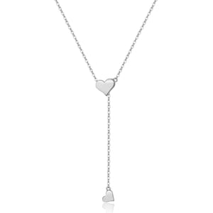May include: A silver necklace with two heart-shaped pendants. The necklace is a delicate chain with a longer, dangling heart pendant.