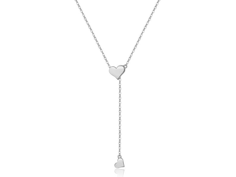 May include: A silver necklace with two heart-shaped pendants. The necklace is a delicate chain with a longer, dangling heart pendant.
