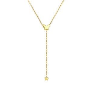 May include: A gold chain necklace with two small butterfly charms. The necklace is a delicate, feminine piece of jewellery.