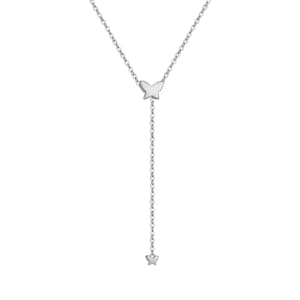 May include: A silver chain necklace with two small butterfly charms. The necklace is a delicate and feminine piece of jewellery.