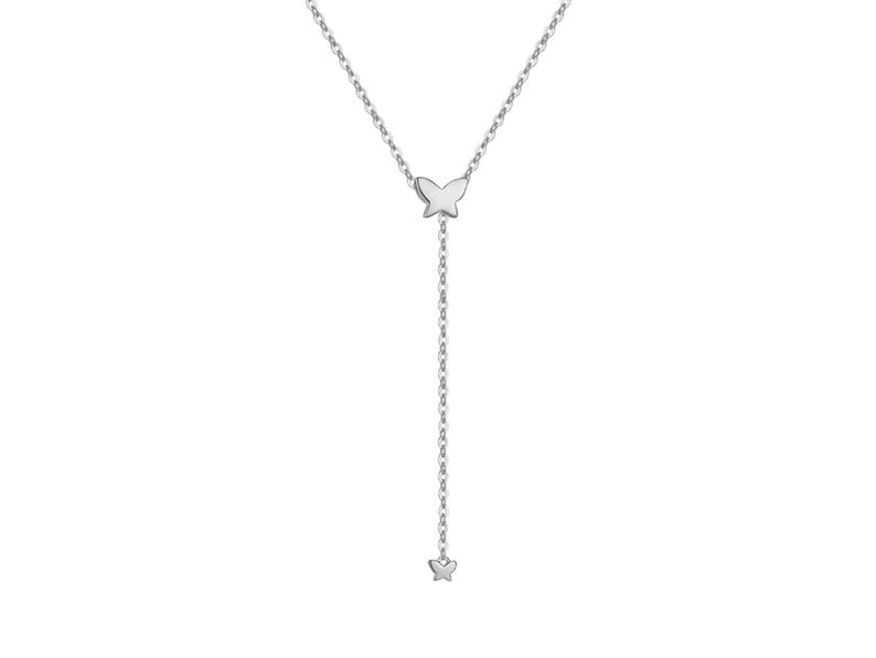 May include: A silver chain necklace with two small butterfly charms. The necklace is a delicate and feminine piece of jewellery.