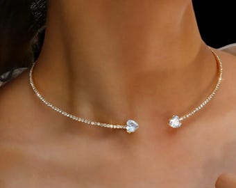 Fashion Rhinestone Heart Collar Choker Necklace for Women - Simple Open Collar Torques Jewelry Accessory