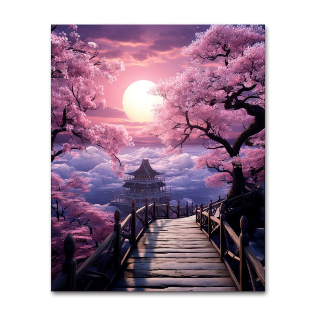 Cherry Blossom Temple Bridge Paint by Number | Japanese Landscape DIY ...