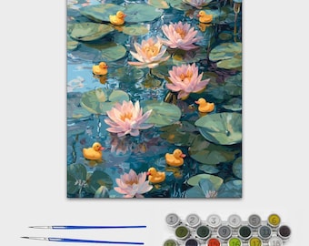 Duck Pond Paint by Numbers Kit, Water Lilies, Rubber Ducks, Beginner Acrylic Painting