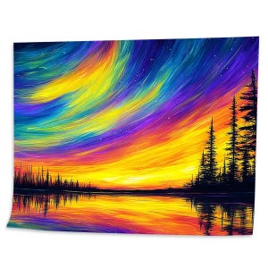 May include: A vibrant tapestry featuring a colorful landscape. The artwork depicts a vivid sunset with swirling hues of yellow, orange, blue, and purple. Silhouetted trees and their reflection in the water complete the scenic view.
