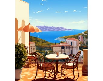 May include: A scenic illustration of a balcony overlooking a blue sea and distant mountains. The balcony features a round table, two chairs, and an orange umbrella. White buildings with red tile roofs dot the hillside.