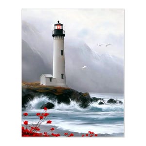 May include: A coastal landscape painting featuring a white lighthouse with a red light at the top. The lighthouse stands on a rocky cliff, with crashing waves and red flowers in the foreground. Mountains and seagulls are in the background.