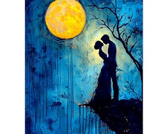 May include: An abstract painting depicts a couple silhouetted against a large yellow moon and a textured blue sky. A bare tree branch extends from the right, and the couple stands on a dark cliff. The artwork evokes a romantic theme.