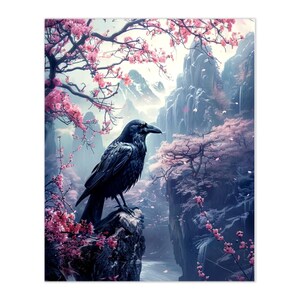 Raven & Cherry Blossoms Paint-by-number Kit – Mystical Mountain Scene