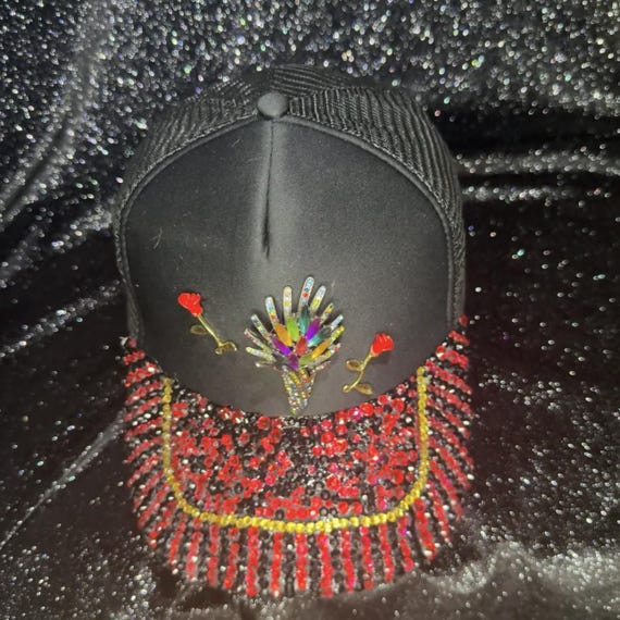 Rhinestone Baseball Hat: Black Cap with Roses Broach