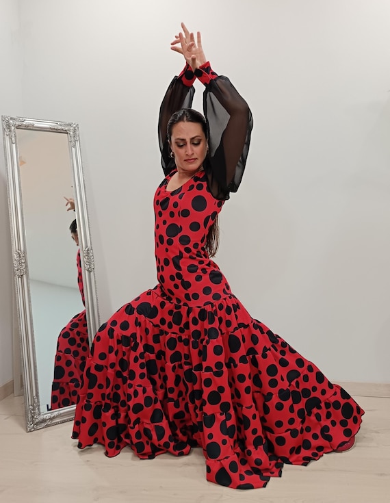 red and black flamenco dress Canastero “Lunares PRINT” – Polka Dot Dress with Sheer Sleeves – Spanish Dance Costume – Handmade Ruffle Dress Buy Silk Dresses Online upload-20220120 It features long sleeves Size:7M