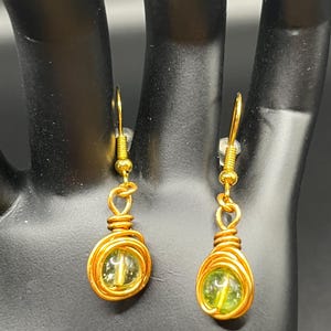 Dangle Drop Wire Wrapped Green Glass Bead Earrings