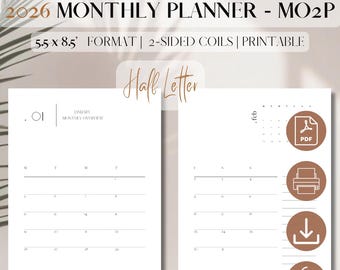 2026 Monthly Planner Printable Dated | Month On 2 Pages | PDF Planner Insert | Month at a glance | TUL, ARC, 3-ring | Half Letter 5.5 x 8.5”