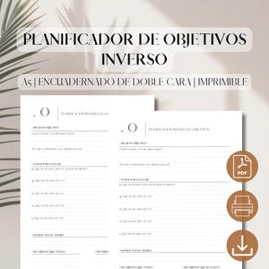 Może przedstawiać: Drukowany planer z białym tłem i czarnym tekstem. Planer został zaprojektowany, aby pomóc Ci zaplanować swoje cele w odwrotnej kolejności. Tytuł planera to "Planificador de Objetivos Inverso", co tłumaczy się jako "Odwrotny Planer Celów". Planer jest dostępny w formacie A5 i jest dwustronny.