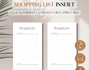 Shopping List Planner Insert | Grocery List PDF Printable | Grocery Planner | Digital Download | 2/3 of A5, 4 x 8.3 in, filofax