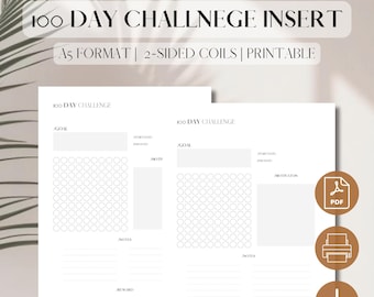 Inzetstuk 100 dagen uitdaging V2 | Afdrukbare pdf-pagina | Maandelijkse uitdaging navulling | Uitdagingslay-out | Digitale download | A5, 5,8 x 8,3", filofax