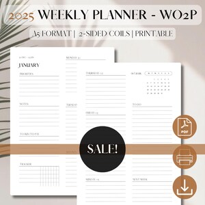 Könnte beinhalten: Ein druckbarer Wochenplaner für 2025 im A5-Format mit doppelseitigen Spiralen. Der Planer enthält einen Kalender für Januar, eine To-Do-Liste, einen Notizbereich, einen Tracker und einen Bereich für Prioritäten. Der Planer ist im Angebot.