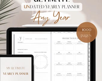 May include: An undated yearly planner with the text "ULTIMATE" and "Any Year". The planner has 1000 pages and includes sections for projects, goals, and monthly production plans. A smaller tablet displays "MY ULTIMATE YEARLY PLANNER".