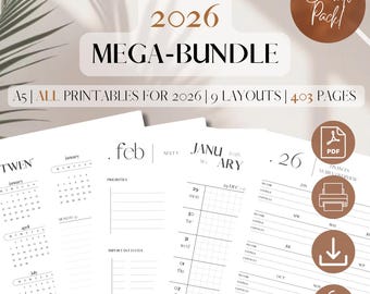 2026 Druckbare Kalendereinlagen Mega-Bundle | Jahres-, Monats-, Wochen- und Fiskalplaner PDF | 9 Layouts | 403 Seiten | A5 (14,8 x 21 cm)