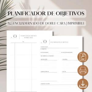 May include: A printable A5 planner with a black and white design. The planner is for setting goals and includes sections for breaking down objectives, setting deadlines, and tracking progress.