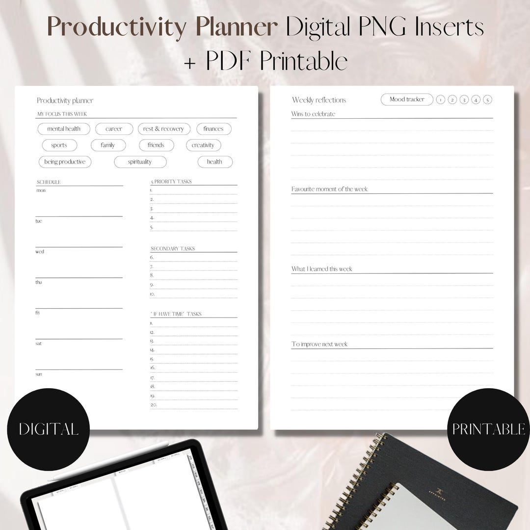 Productivity Planner UNDATED | PNG Digital + PDF Printable Planner ...
