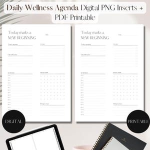 May include: A printable daily wellness agenda with the text "Today marks a NEW BEGINNING" at the top of each page. The agenda includes sections for gratitude, to-do list, schedule, and brain dump.
