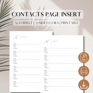 Contacts Page Planner Insert | PDF Printable | Contacts Book Refill | Contacts List Layout | Digital Download | A5, 5.8 x 8.3&quot;, filofax, GTD