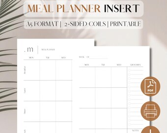 Meal Planner Insert | Weekly Mealprep | Food Planner Refill | Recipe Planner Pages | Menu Planner PDF Printable | A5, 5.8 x 8.3, filofax
