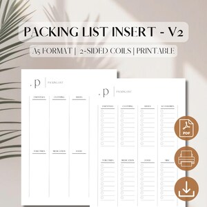 Könnte beinhalten: Druckbarer Packlisten-Einsatz im A5-Format mit doppelseitigen Spiralen. Die Liste ist in Kategorien wie Essentials, Kleidung, Schuhe, Accessoires, Toilettenartikel, Medikamente, Lebensmittel und Sonstiges unterteilt. Jede Kategorie hat eine Spalte mit Kontrollkästchen für die zu packenden Artikel.