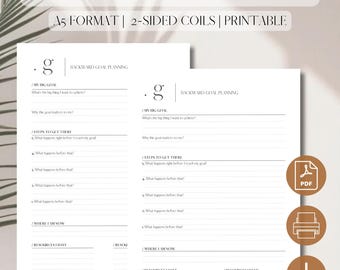 May include: A printable backward goal planner in A5 format with two-sided coils. The planner has a simple design with black text on a white background. It includes sections for defining a big goal, steps to get there, where you are now, and resources you have and need.