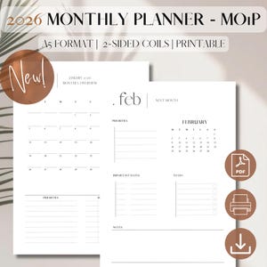 May include: A white 2026 monthly planner with a minimalist design. The planner includes sections for priorities, important dates, and to-do lists. Text includes "A5 FORMAT | 2-SIDED COILS | PRINTABLE" and "New!"