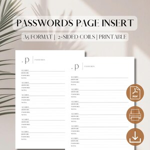Passwords Log Planner Insert | PDF Printable | Password Keeper Refill | Passwords Tracker Layout | Digital Download | A5, 5.8 × 8.3, filofax