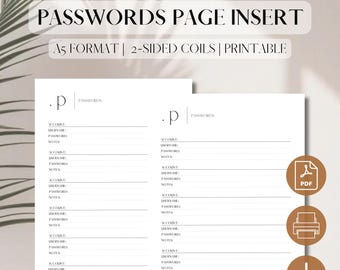 Passwords Log Planner Insert | PDF Printable | Password Keeper Refill | Passwords Tracker Layout | Digital Download | A5, 5.8 × 8.3, filofax