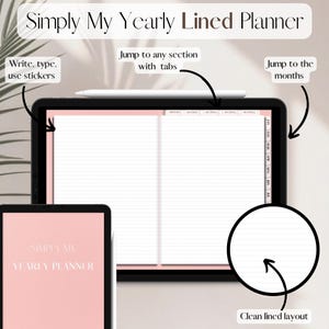 May include: A pink and white digital planner with the text "Simply My Yearly Planner" on the cover. The planner has a clean lined layout and includes tabs for easy navigation.