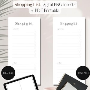 May include: Two printable shopping list templates, one labeled "DIGITAL" and the other "PRINTABLE". Both templates have a section for groceries and another for other items.