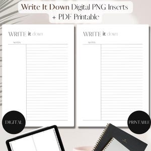 Op de afbeelding: Twee bedrukbare, gelinieerde notitiepagina's met de tekst "WRITE it down" en "NOTES" bovenaan. De linkerpagina is gemarkeerd met "DIGITAL" en de rechterpagina met "PRINTABLE".