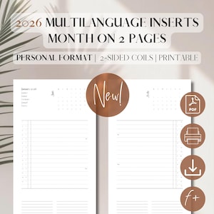 May include: A printable planner insert for 2026, featuring a month-on-two-pages layout. The design includes personal format, 2-sided coils, and a "New!" sticker. Includes PDF, print, download, and more icons. The text includes "2026 Multilanguage Inserts".