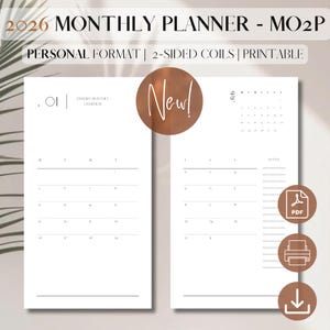 Puede incluir: Un planificador mensual blanco de 2026 con un diseño minimalista. El planificador incluye una descripción general de enero y un calendario de febrero, con espacio para notas. El texto incluye "2026 MONTHLY PLANNER - MO2P", "PERSONAL FORMAT | 2-SIDED COILS | PRINTABLE" y "New!"