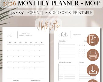 2026 Monthly Planner Printable Dated | Month On 1 Page | PDF Planner Insert | Month at a glance  | TUL, Arc, Levenger Circa | HL, 5.5 x 8.5"