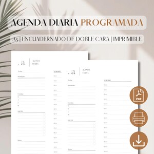 May include: A printable A5 daily planner with a black and white design. The planner has sections for "Agenda Diaria", "Horario", "Fecha", "Prioridades", "Comedias", "Hacer", and "Notas".