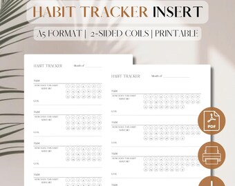 May include: Printable A5 habit tracker insert with two-sided coils. The insert has a black and white design with a grid of circles for tracking habits. The text "HABIT TRACKER" is at the top of the page.
