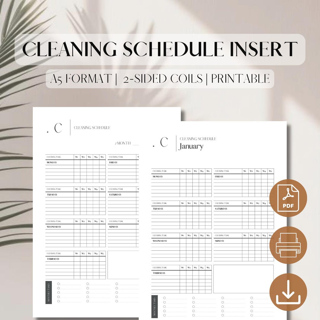 Cleaning Schedule Planner Insert | PDF Printable | Monthly Cleaning ...