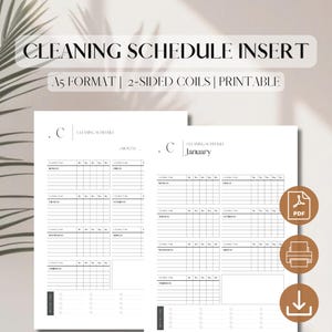 Op de afbeelding: Printbare schoonmaakschema-inzet in A5-formaat met tweezijdige spiraalbinding. De inzet bevat een maandelijks schoonmaakschema en een wekelijks schoonmaakschema voor januari.
