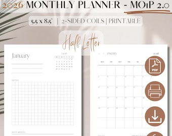 2026 Monthly Planner Printable DATED | Month On 1 Page 2.0 | PDF Printable Planner Insert | Month at a glance  | Minimalist | HL, 5.5 x 8.5"